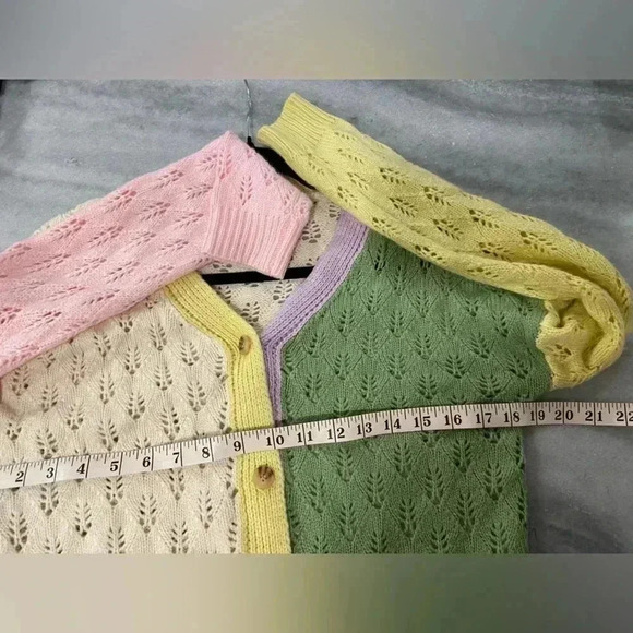 Cotton Emporium Cropped Open Knit Color Block V Neck Button Cardigan Size M - Picture 6 of 8